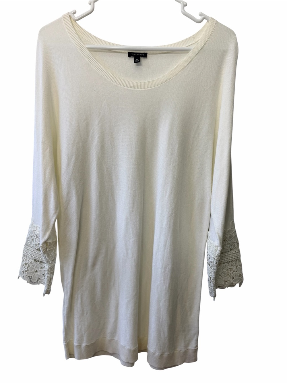Women’s cream Talbots size Medium lightweight sweater with crocheted sleeves!